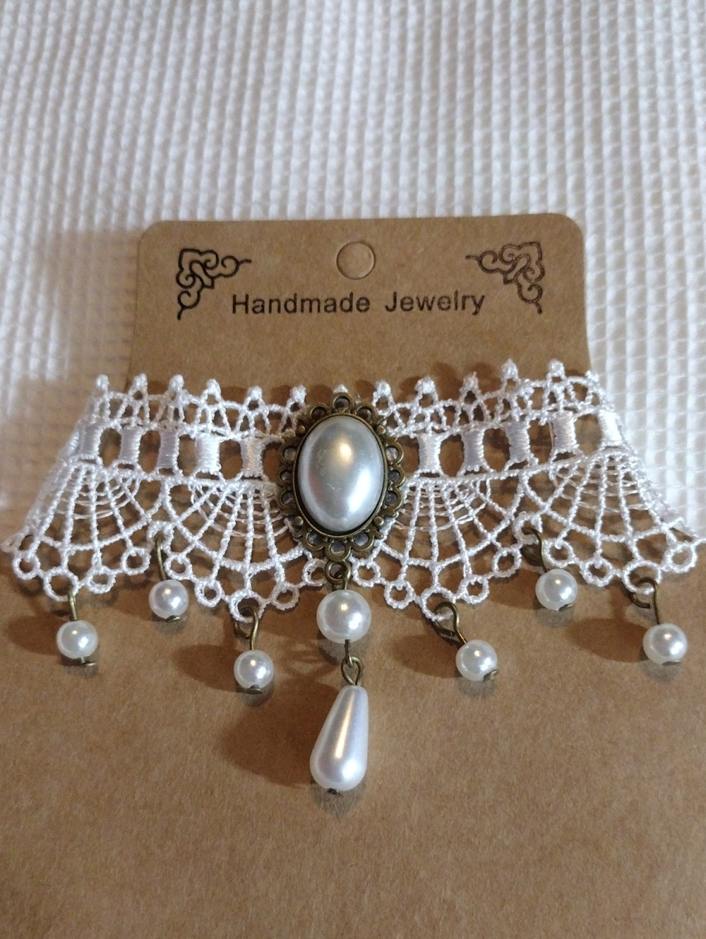 13"+ handmade Jewelry White Lace Pearl Drop Choker Necklace
